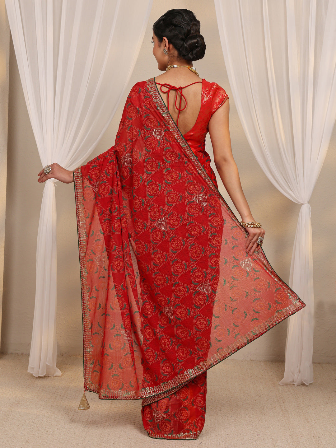  Red Bandhani Printed Silk Blend Saree With Unstitched Blouse Piece 