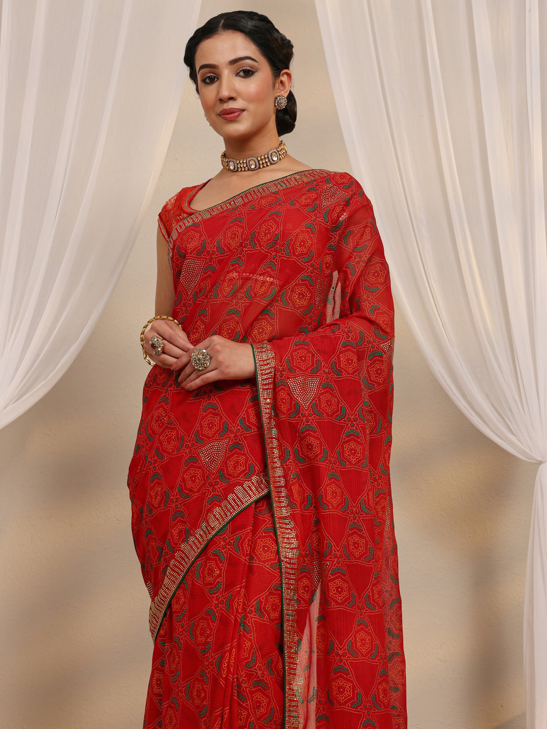  Red Bandhani Printed Silk Blend Saree With Unstitched Blouse Piece 