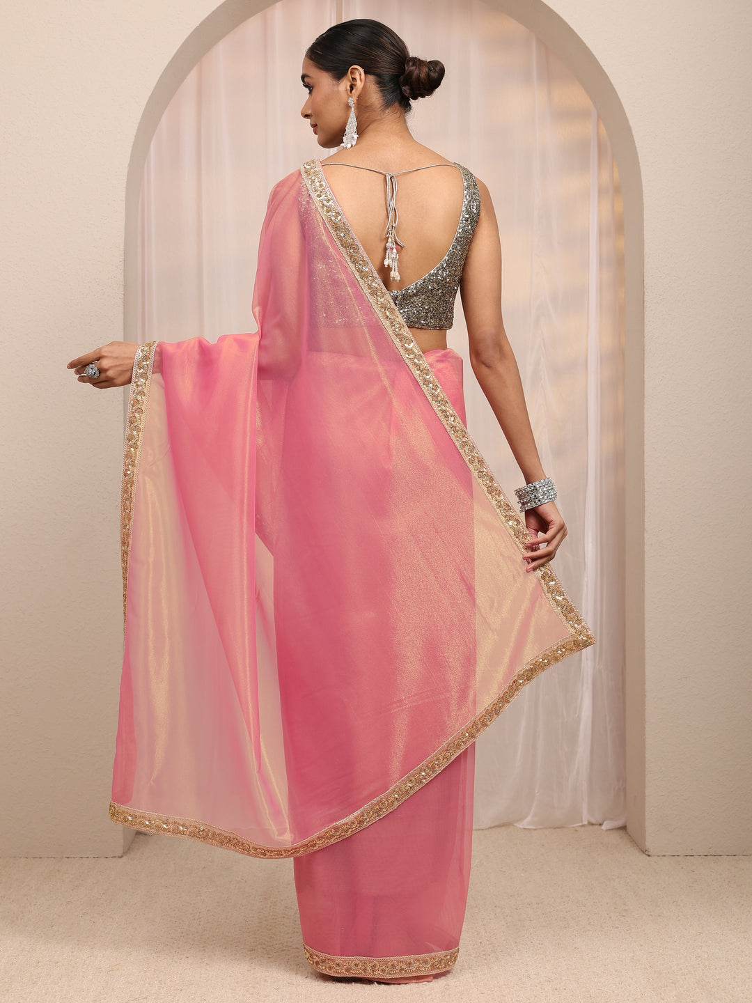  Coral Embellished Sheen Net Saree 
With Unstitched Blouse Piece 