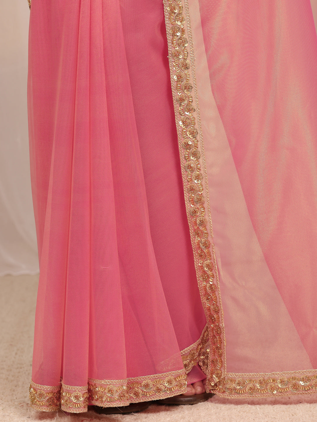  Coral Embellished Sheen Net Saree 
With Unstitched Blouse Piece 