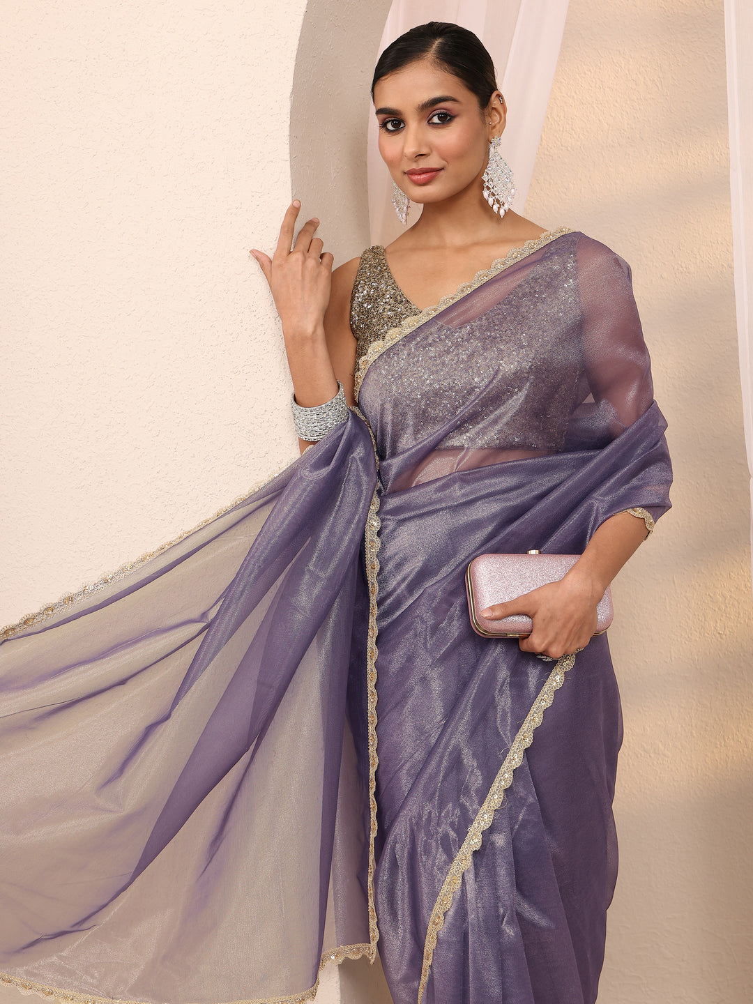  Purple Embellished Sheen Net Saree 
With Unstitched Blouse Piece 