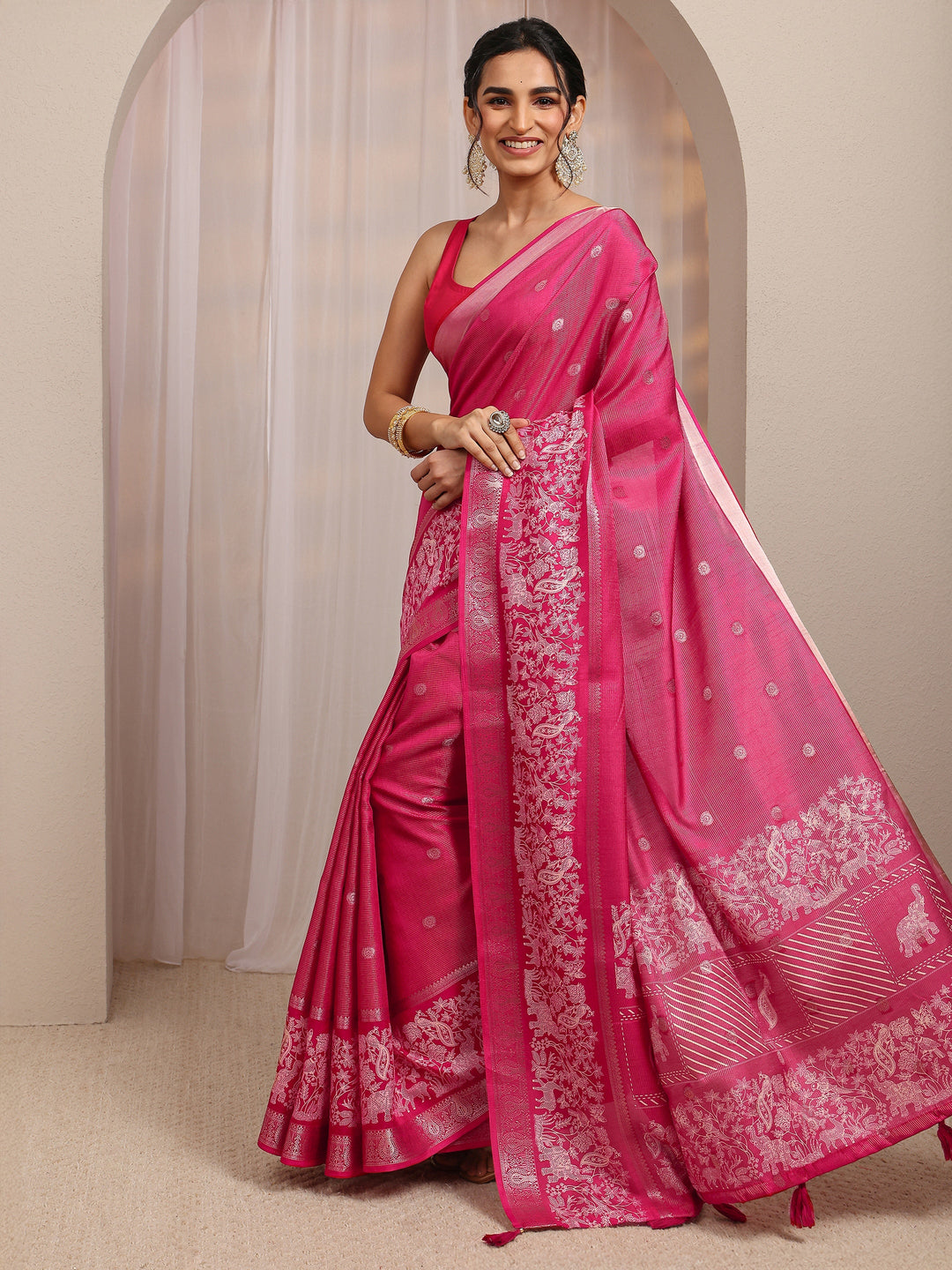  Pink Ethnic Motif Woven Design Silk Blend Saree With Unstitched Blouse Piece 