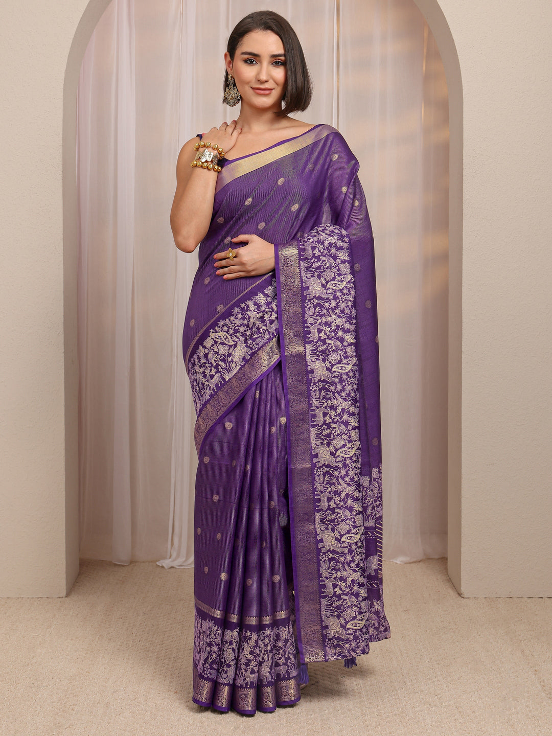  Purple Woven Design Silk Blend Saree 
With Unstitched Blouse Piece 