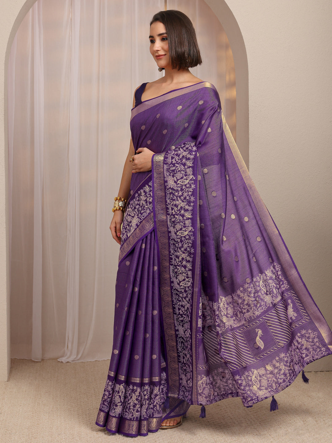  Purple Woven Design Silk Blend Saree 
With Unstitched Blouse Piece 