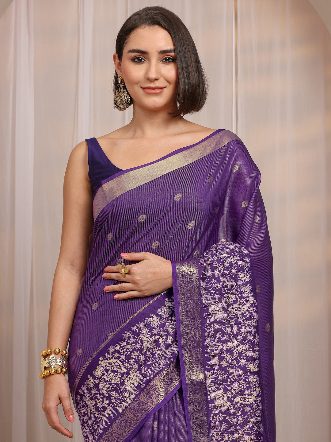  Purple Woven Design Silk Blend Saree 
With Unstitched Blouse Piece 