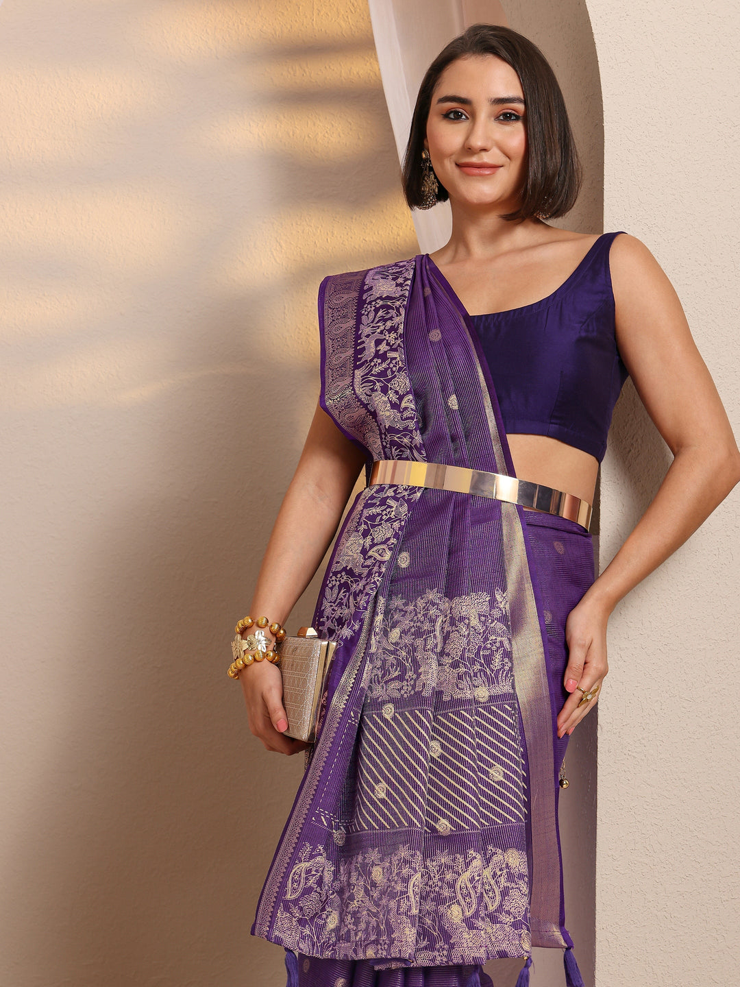  Purple Woven Design Silk Blend Saree 
With Unstitched Blouse Piece 
