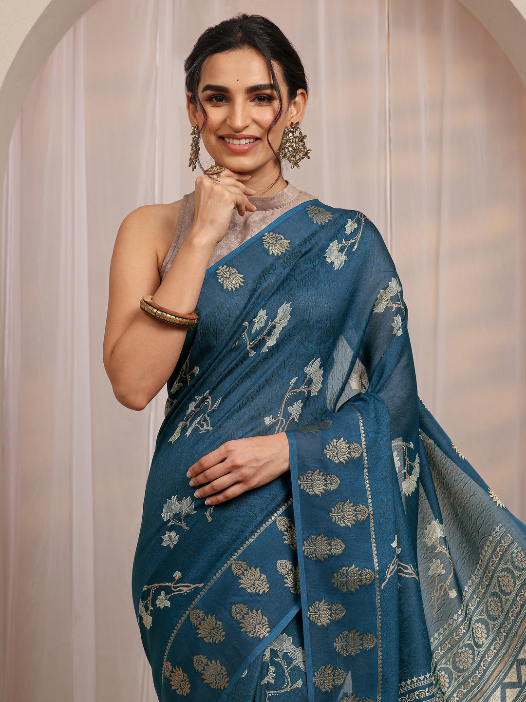  Navy Blue Floral Printed Silk Blend Saree With Unstitched Blouse Piece 
