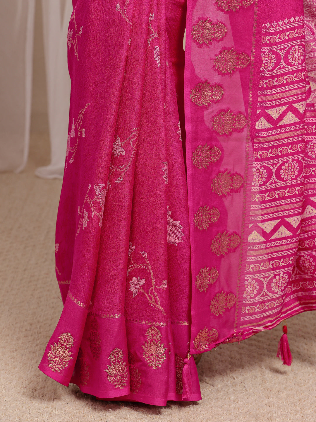  Pink Floral Printed Silk Blend Saree With Unstitched Blouse Piece 