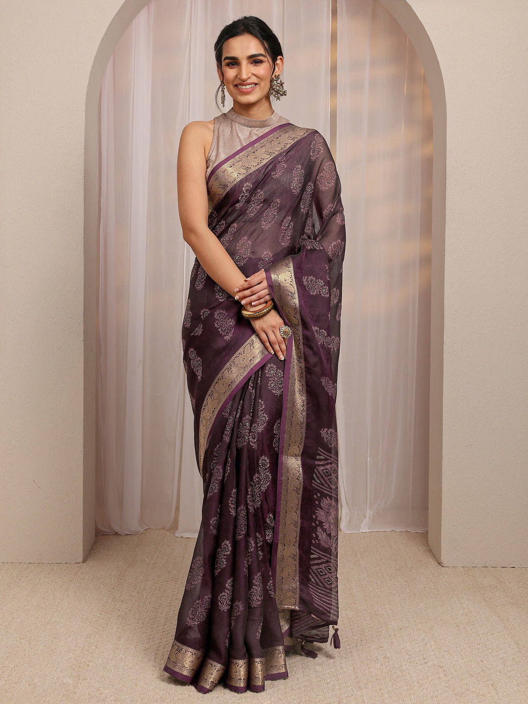  Burgundy Floral Printed Silk Blend Saree With Unstitched Blouse Piece 