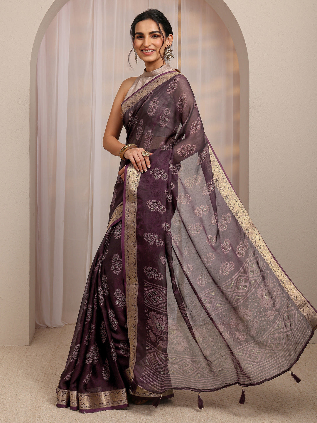  Burgundy Floral Printed Silk Blend Saree With Unstitched Blouse Piece 