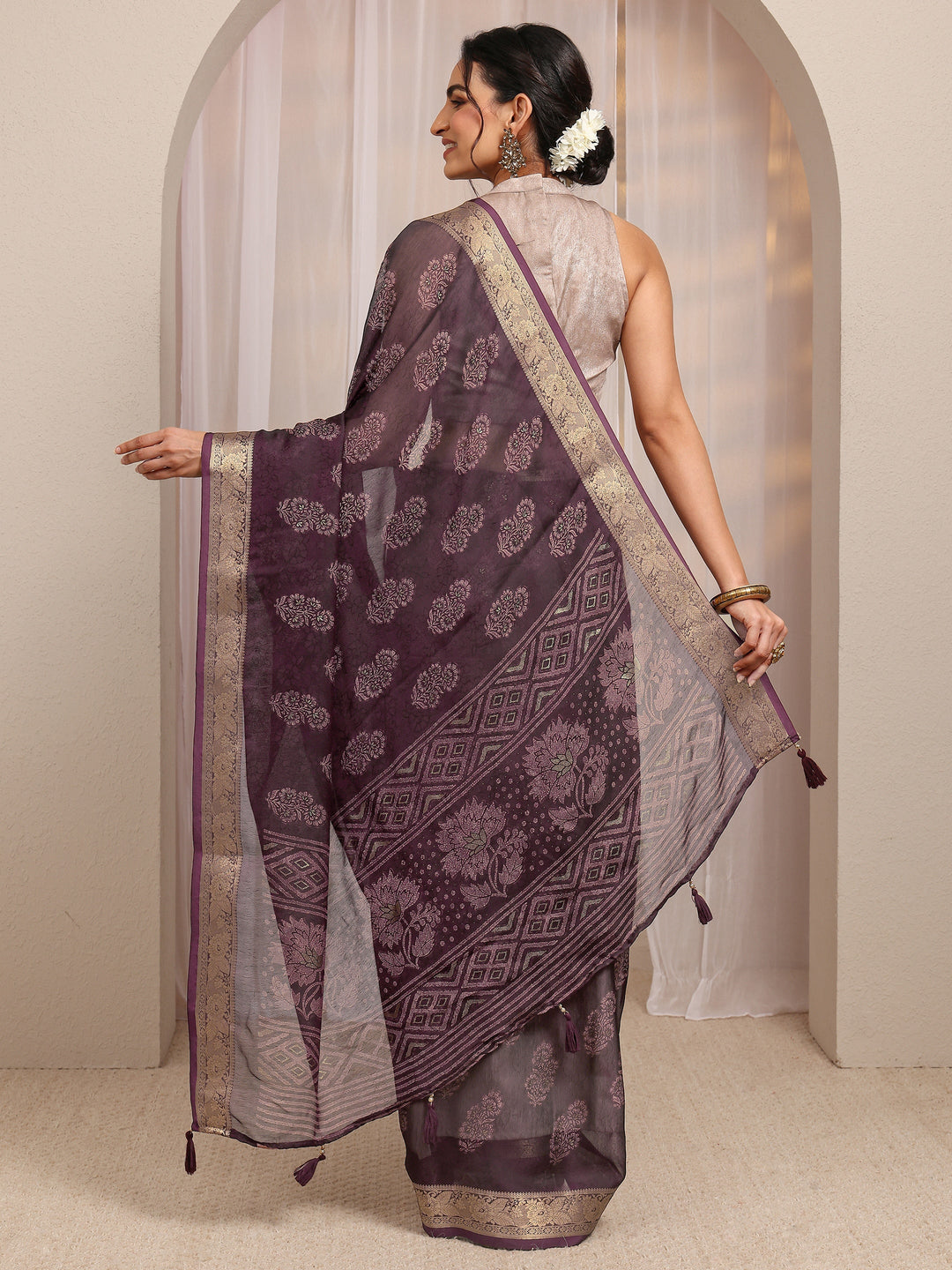  Burgundy Floral Printed Silk Blend Saree With Unstitched Blouse Piece 
