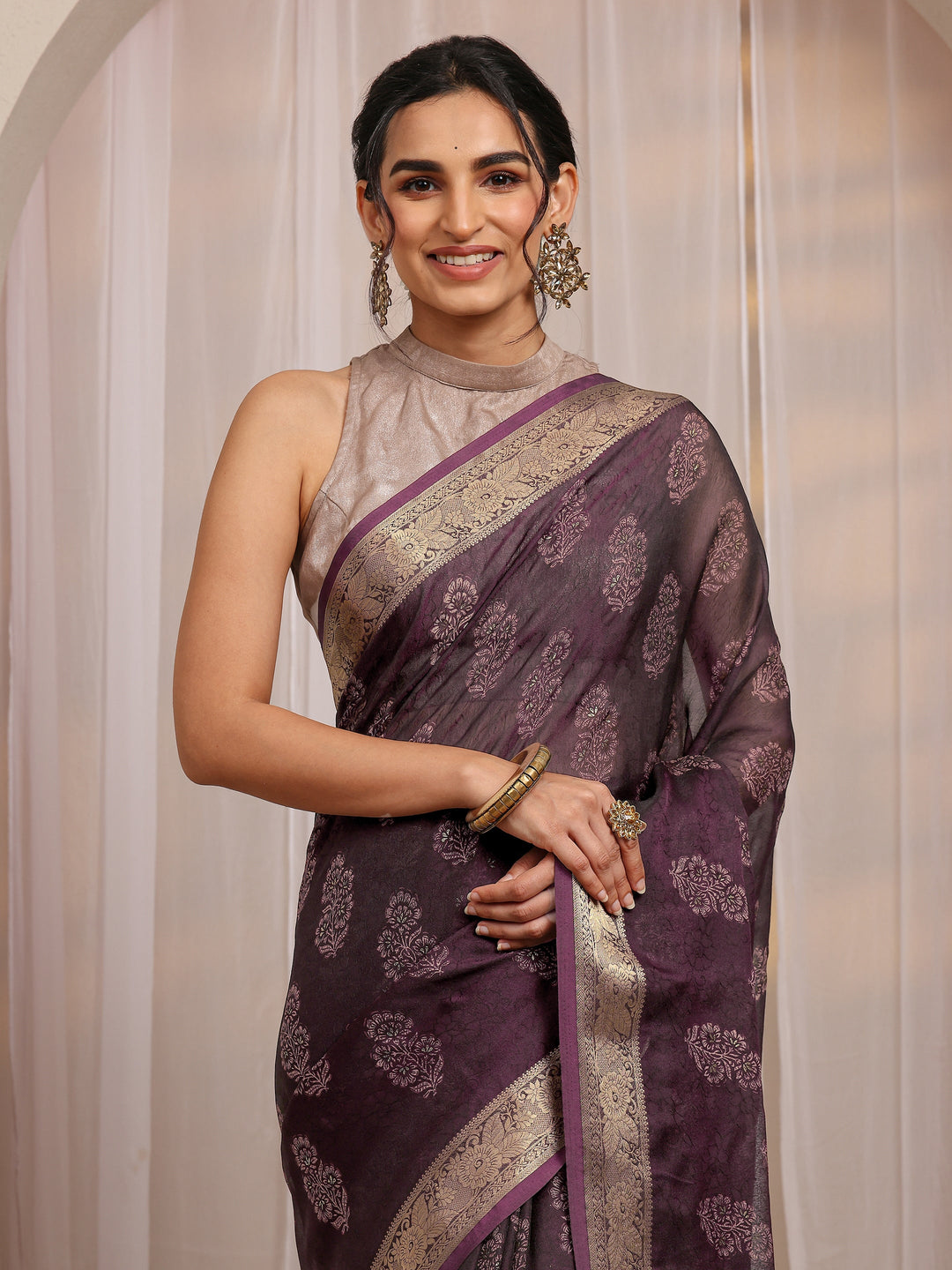  Burgundy Floral Printed Silk Blend Saree With Unstitched Blouse Piece 