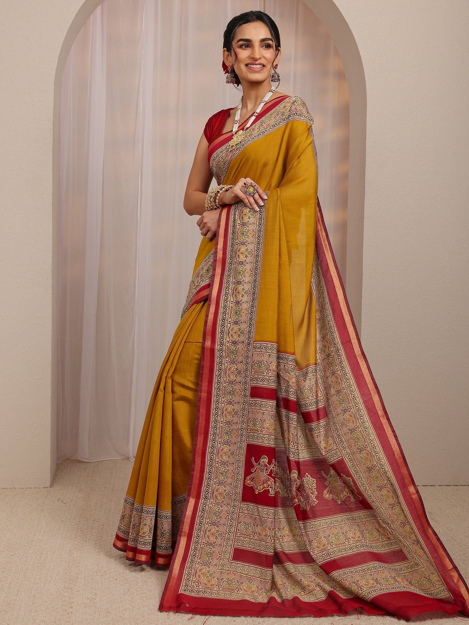 Beige Printed Silk Blend A-Line Kurti