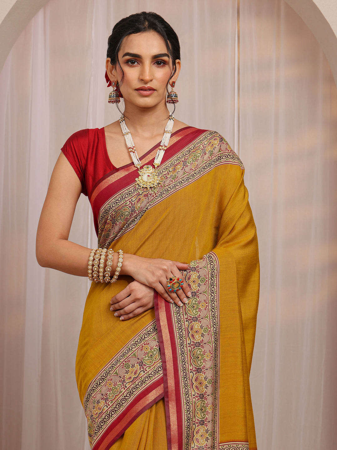  Mustard Solid Silk Blend Saree With Unstitched Blouse Piece 