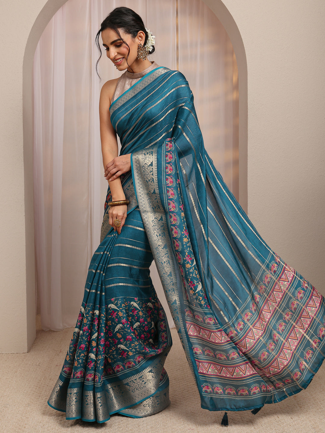 Teal Floral Woven Design Silk Blend Saree With Unstitched Blouse Piece 