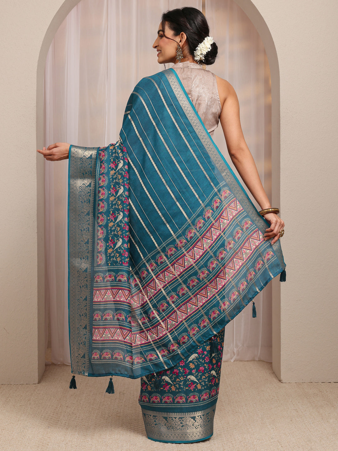  Teal Floral Woven Design Silk Blend Saree With Unstitched Blouse Piece 