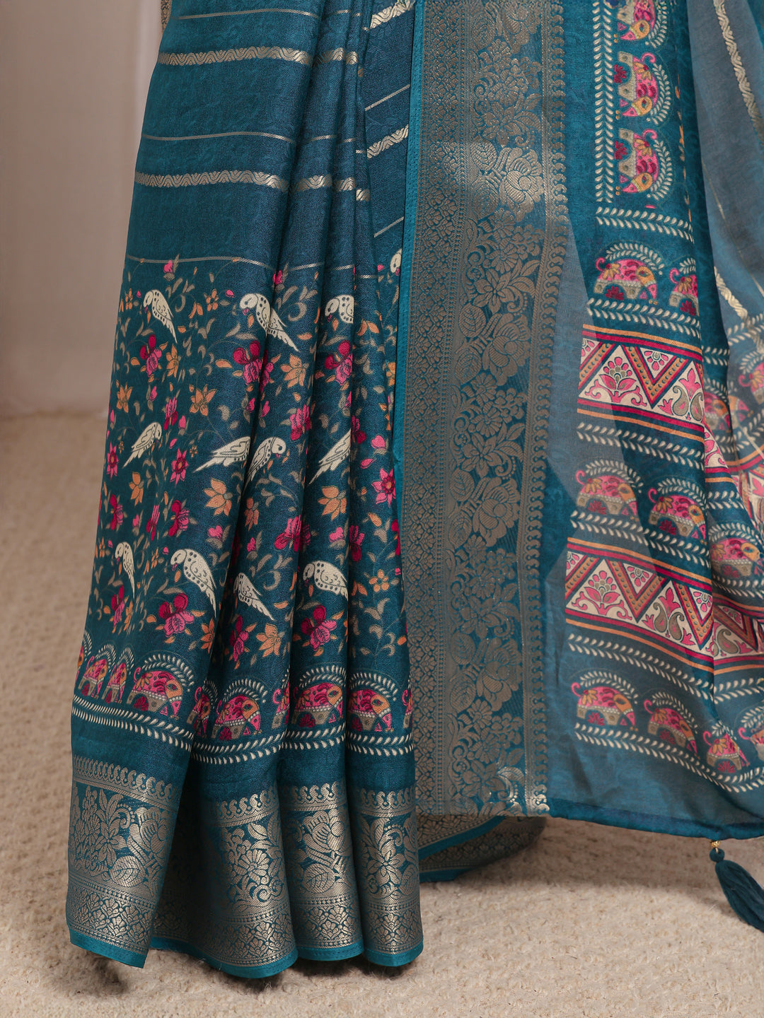  Teal Floral Woven Design Silk Blend Saree With Unstitched Blouse Piece 