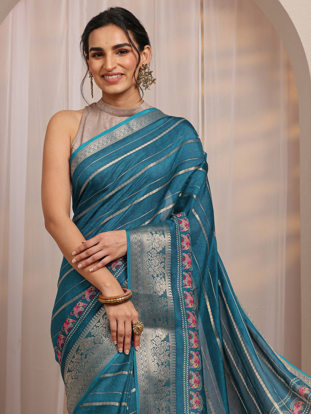  Teal Floral Woven Design Silk Blend Saree With Unstitched Blouse Piece 