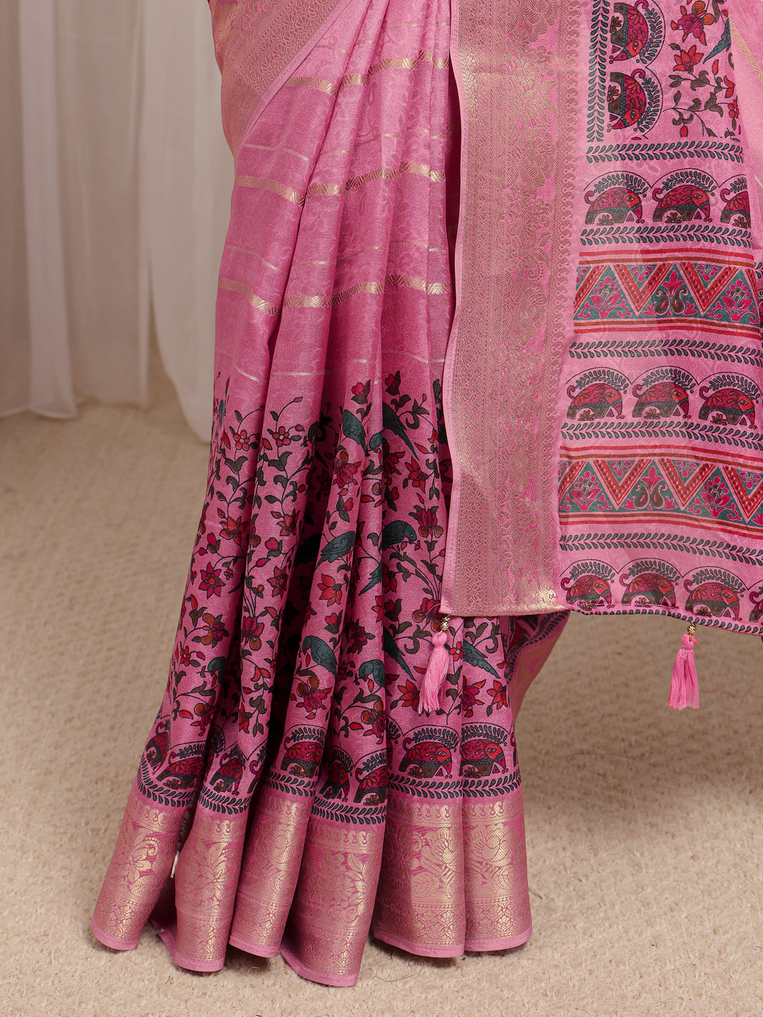  Pink Floral Woven Design Silk Blend Saree With Unstitched Blouse Piece 