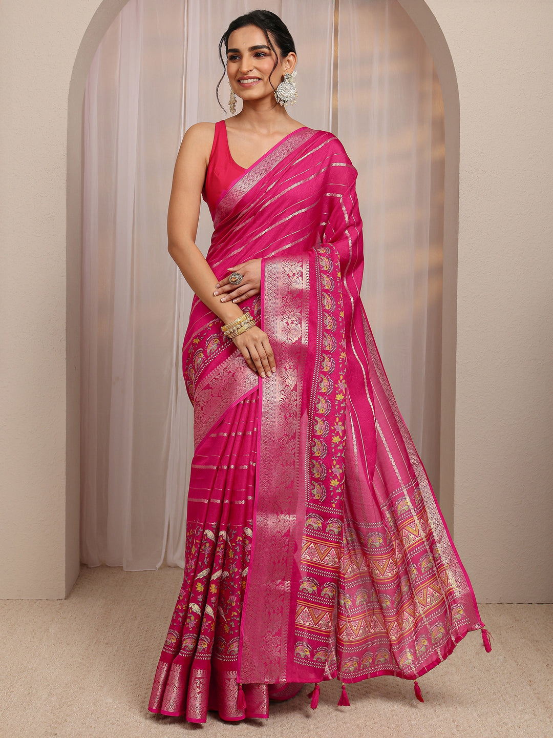  Pink Floral Woven Design Silk Blend Saree With Unstitched Blouse Piece 