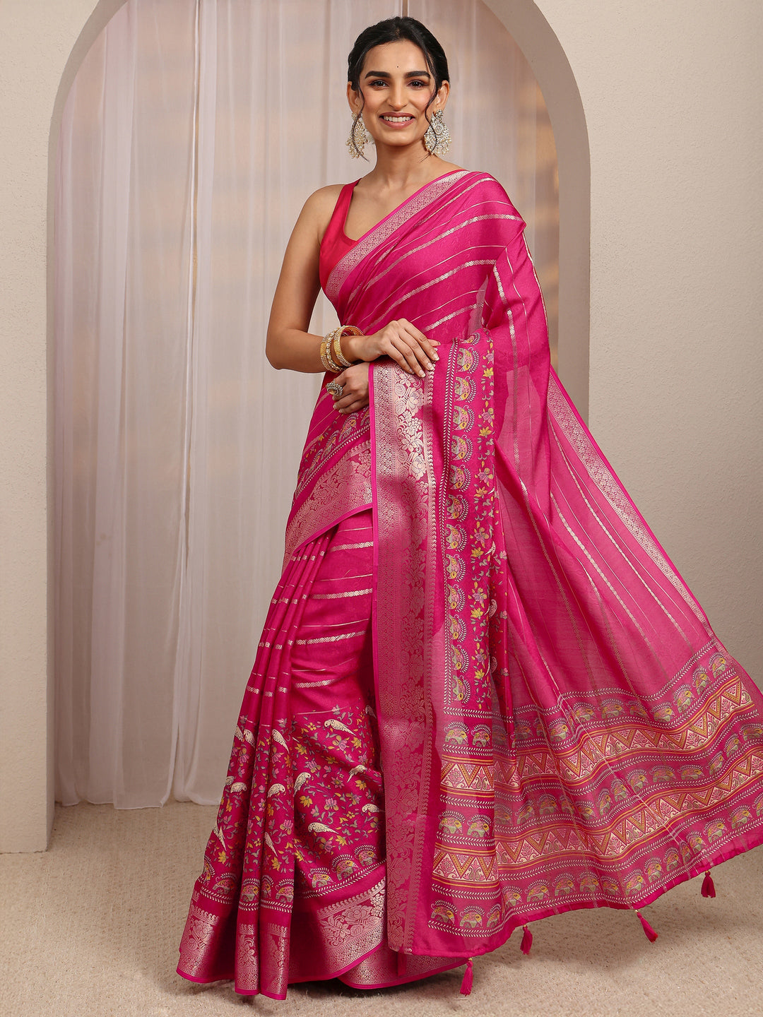  Pink Floral Woven Design Silk Blend Saree With Unstitched Blouse Piece 