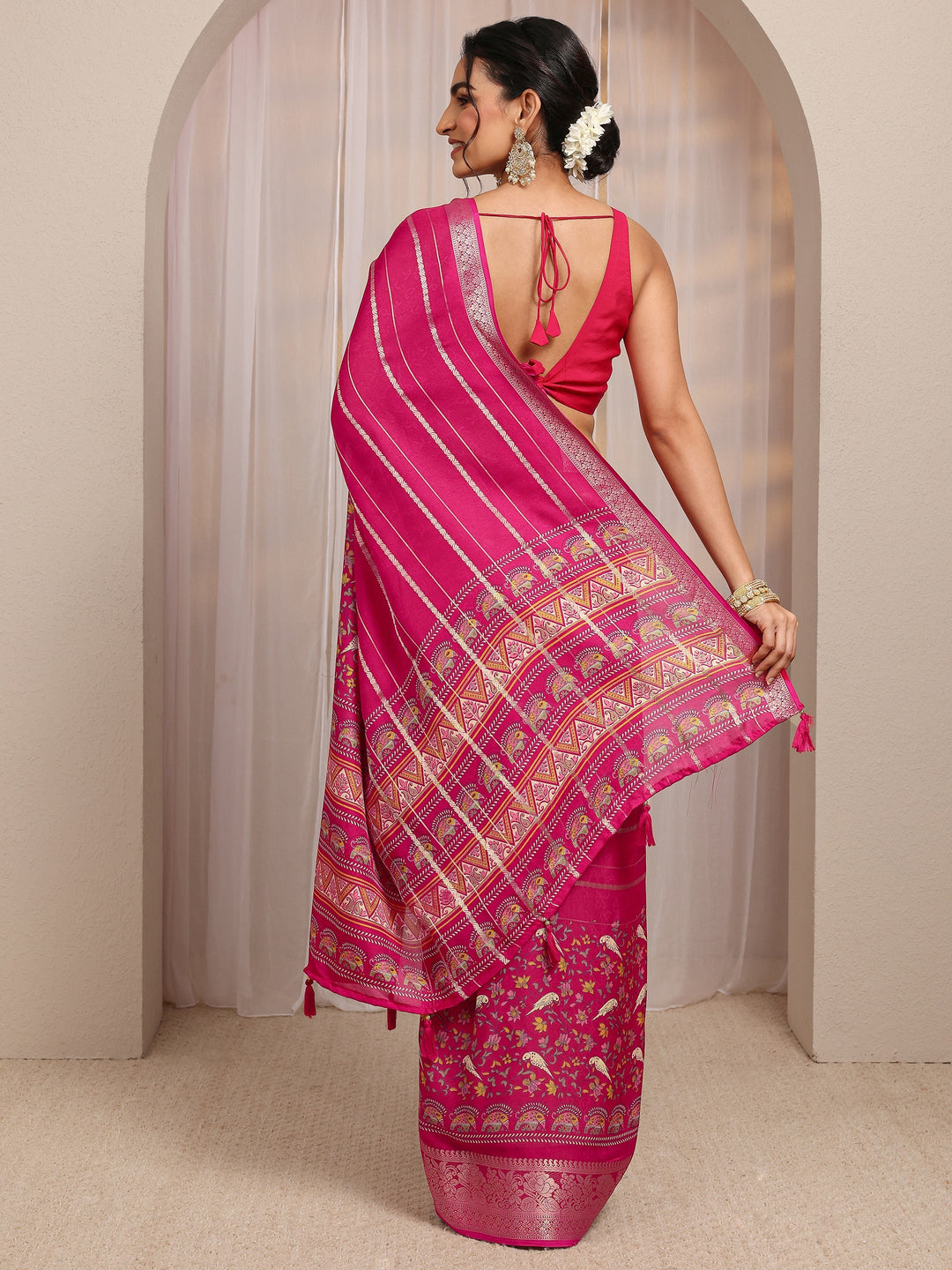  Pink Floral Woven Design Silk Blend Saree With Unstitched Blouse Piece 