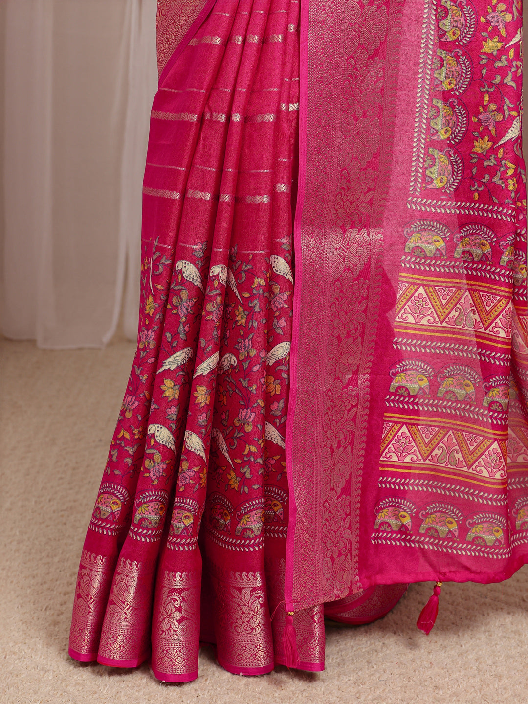  Pink Floral Woven Design Silk Blend Saree With Unstitched Blouse Piece 
