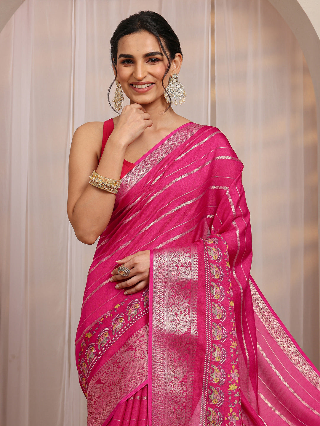  Pink Floral Woven Design Silk Blend Saree With Unstitched Blouse Piece 