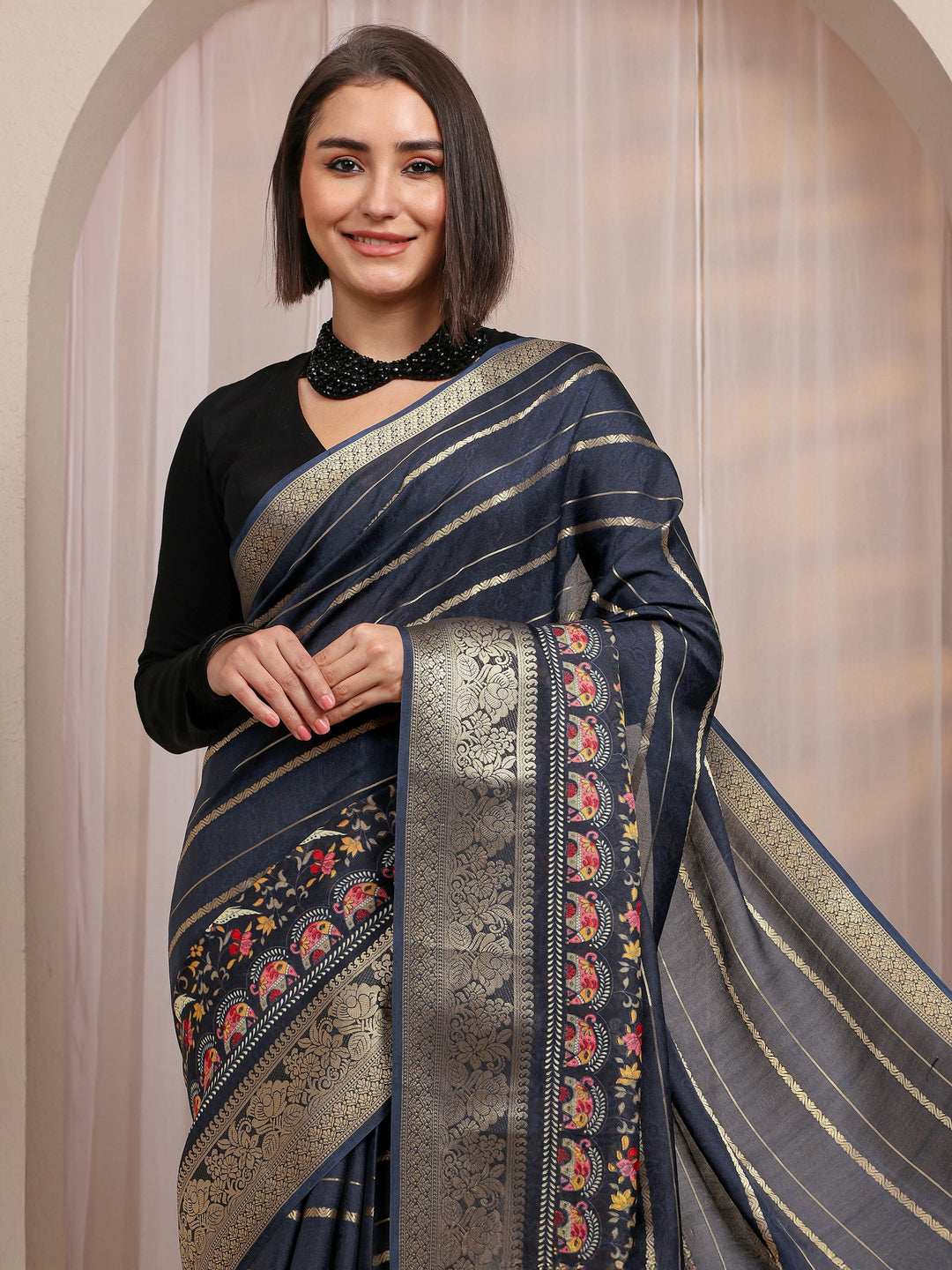  Black Striped Printed Pallu Silk Blend Saree 
With Unstitched Blouse Piece 
