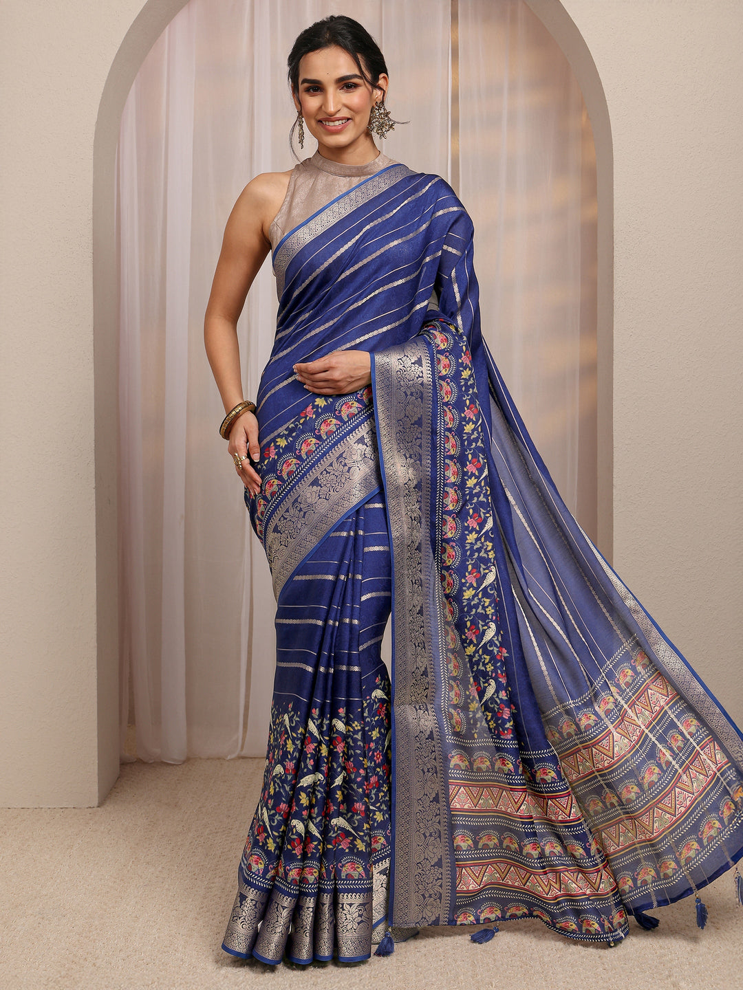  Blue Floral Woven Design Silk Blend Saree With Unstitched Blouse Piece 