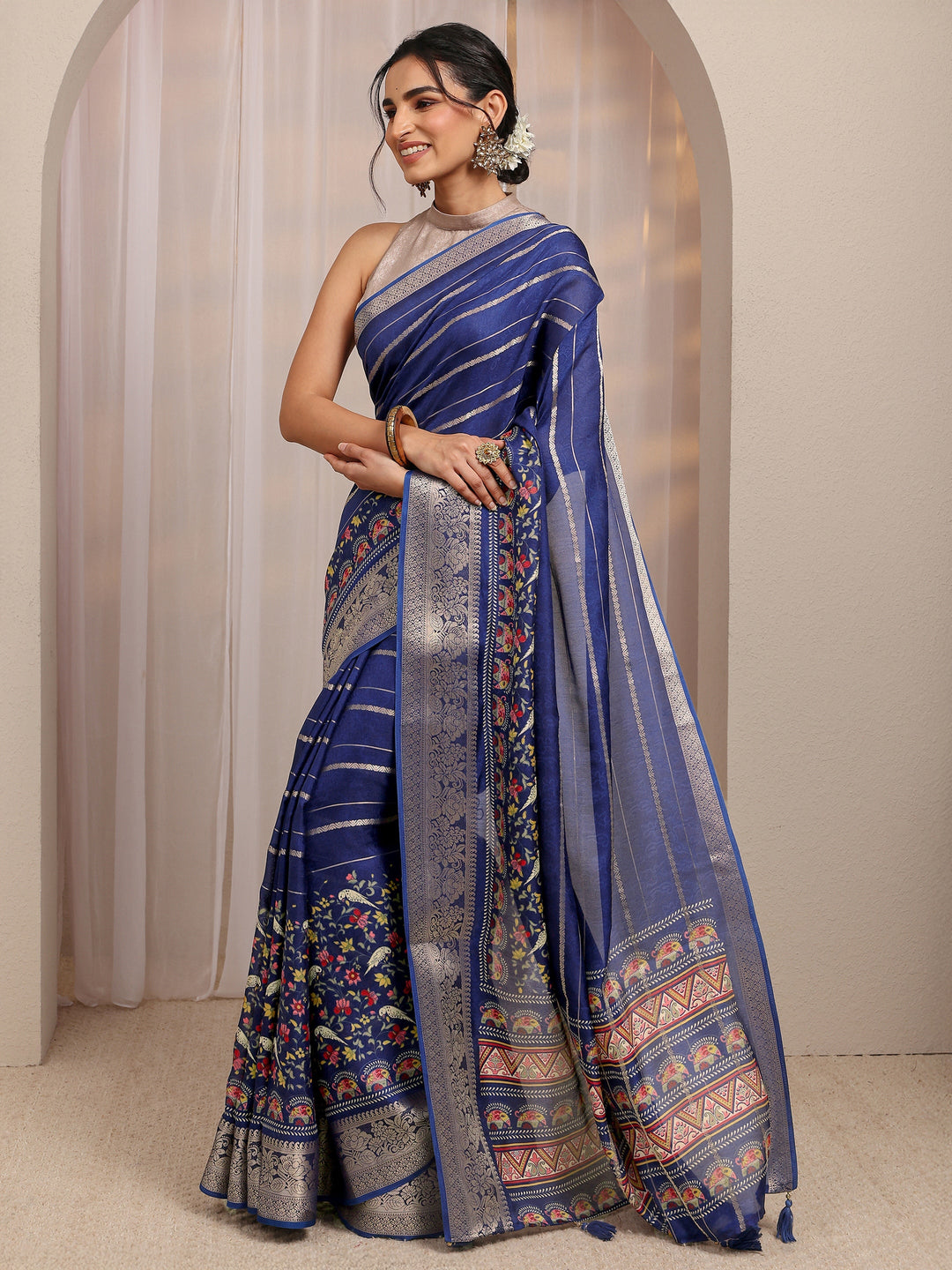  Blue Floral Woven Design Silk Blend Saree With Unstitched Blouse Piece 
