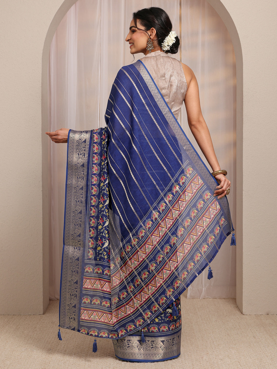  Blue Floral Woven Design Silk Blend Saree With Unstitched Blouse Piece 