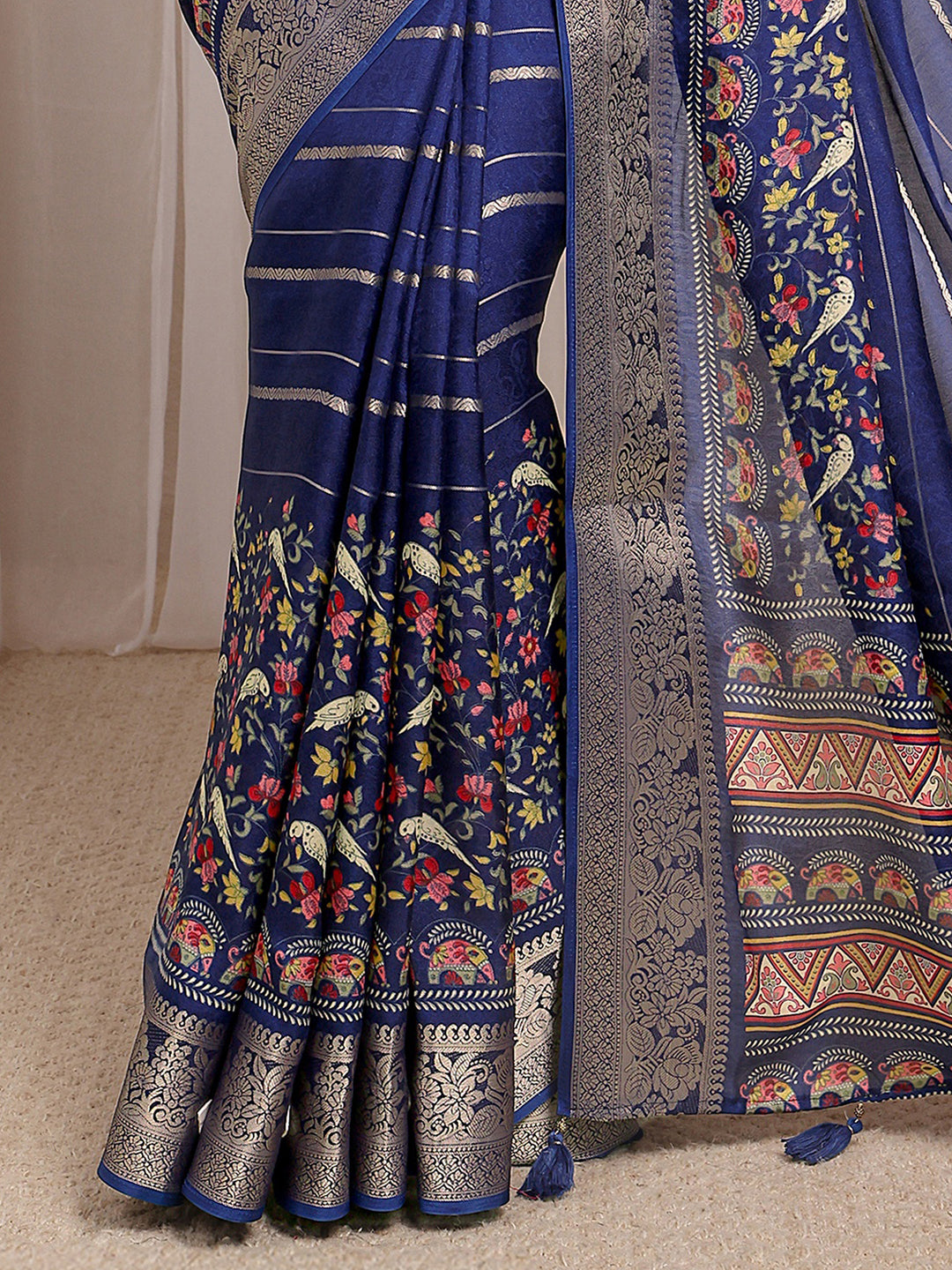  Blue Floral Woven Design Silk Blend Saree With Unstitched Blouse Piece 
