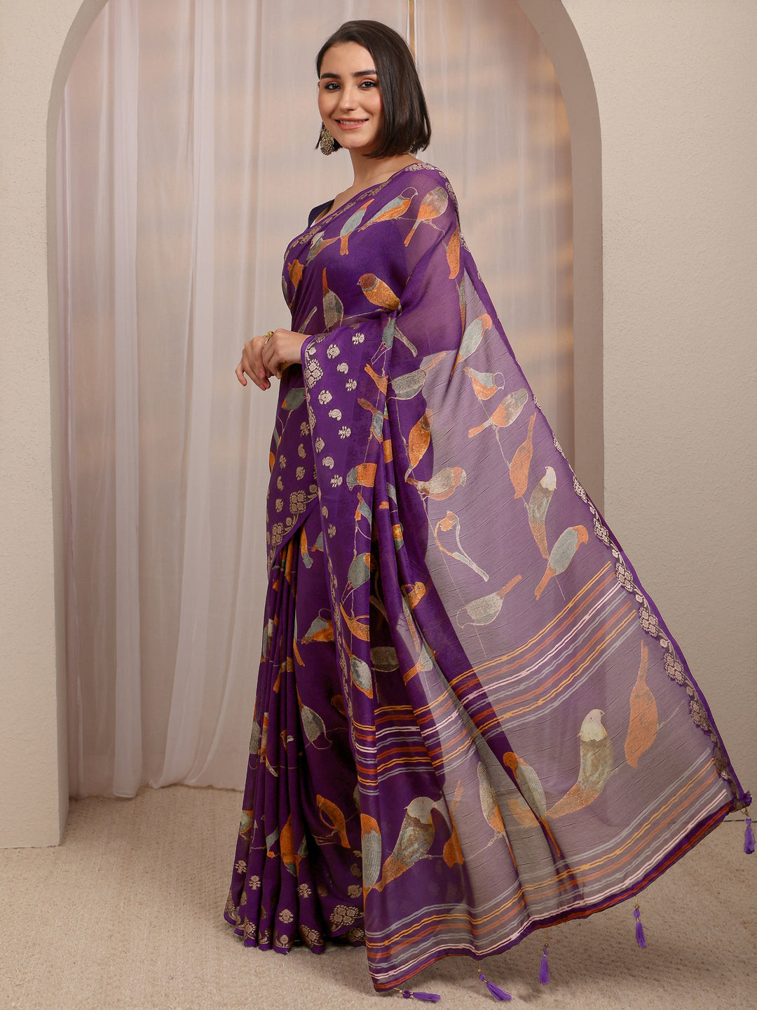  Purple Animal Printed Silk Blend Saree 
With Unstitched Blouse Piece 