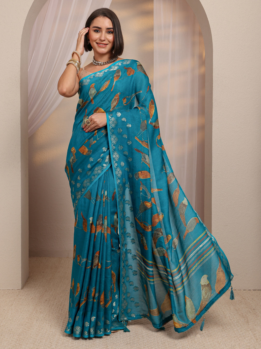  Blue Quirky Printed Silk Blend Saree 
With Unstitched Blouse Piece 