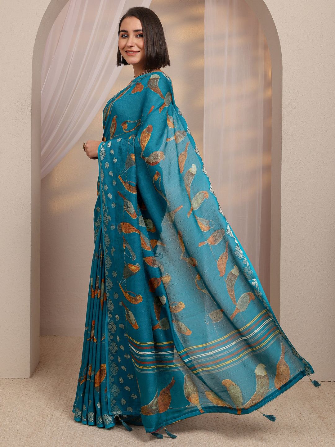  Blue Quirky Printed Silk Blend Saree 
With Unstitched Blouse Piece 
