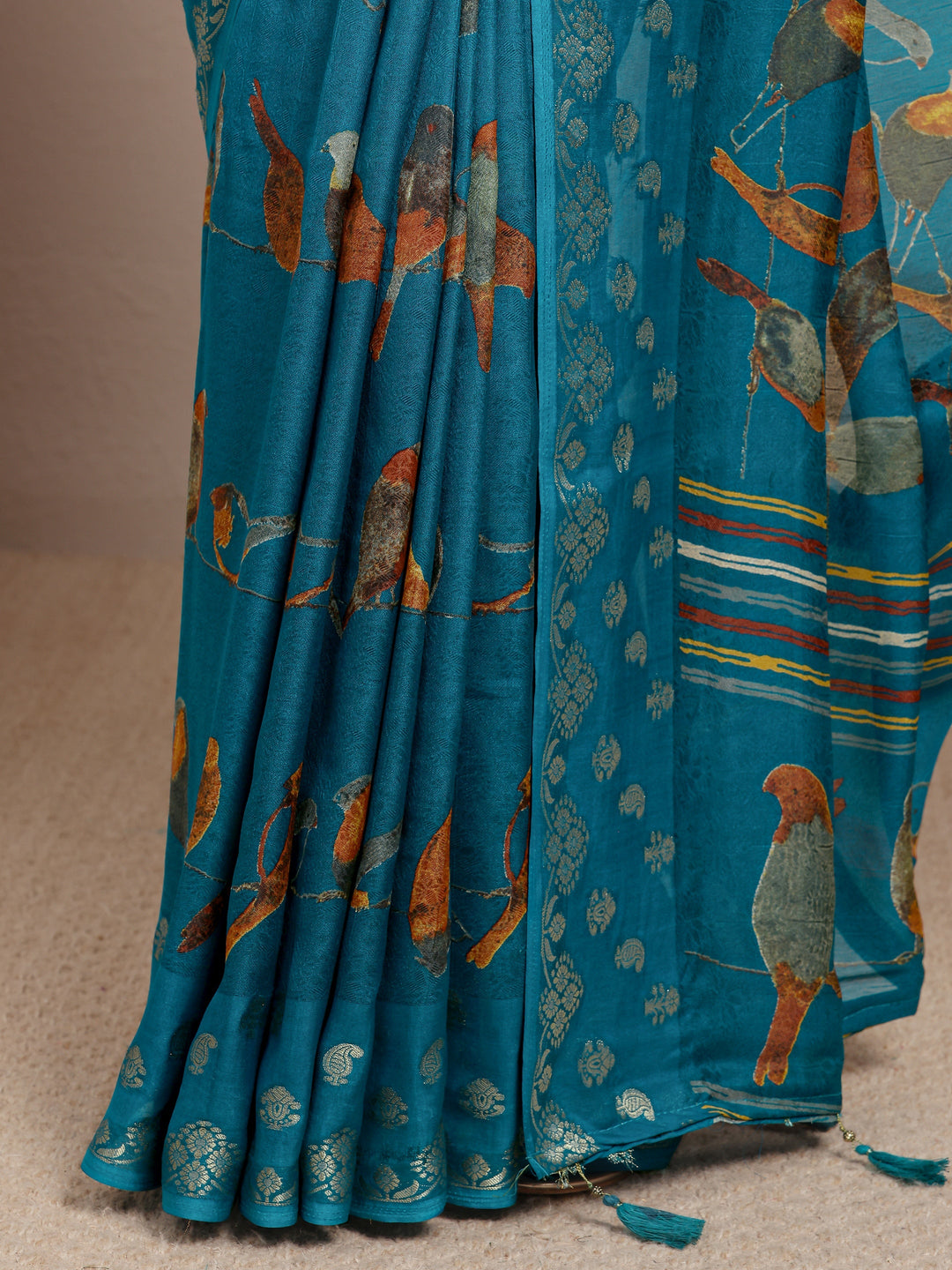  Blue Quirky Printed Silk Blend Saree 
With Unstitched Blouse Piece 