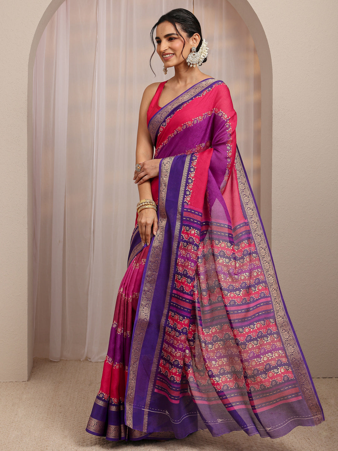  Multi Color Block Silk Blend Saree With Unstitched Blouse Piece 