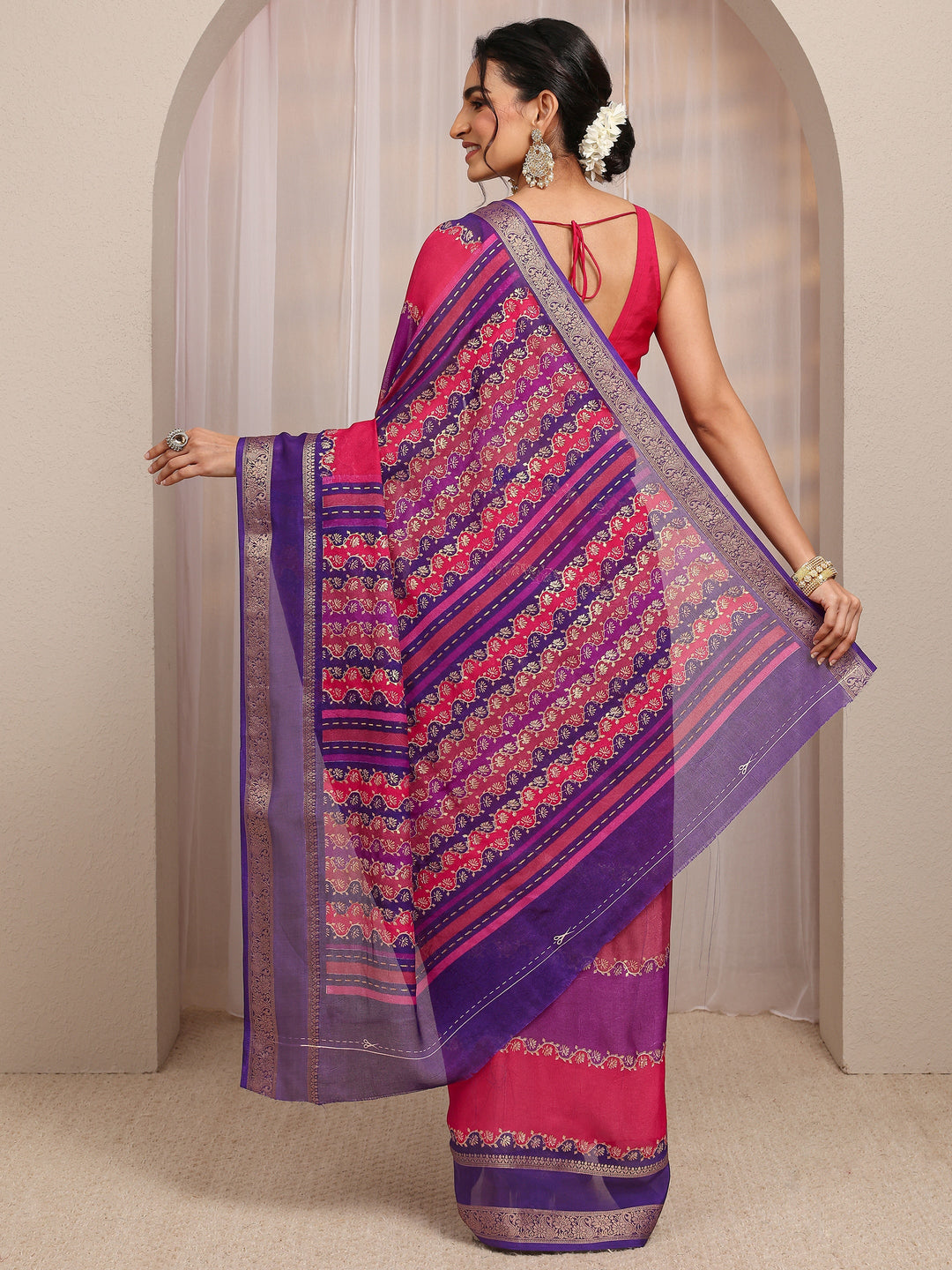  Multi Color Block Silk Blend Saree With Unstitched Blouse Piece 