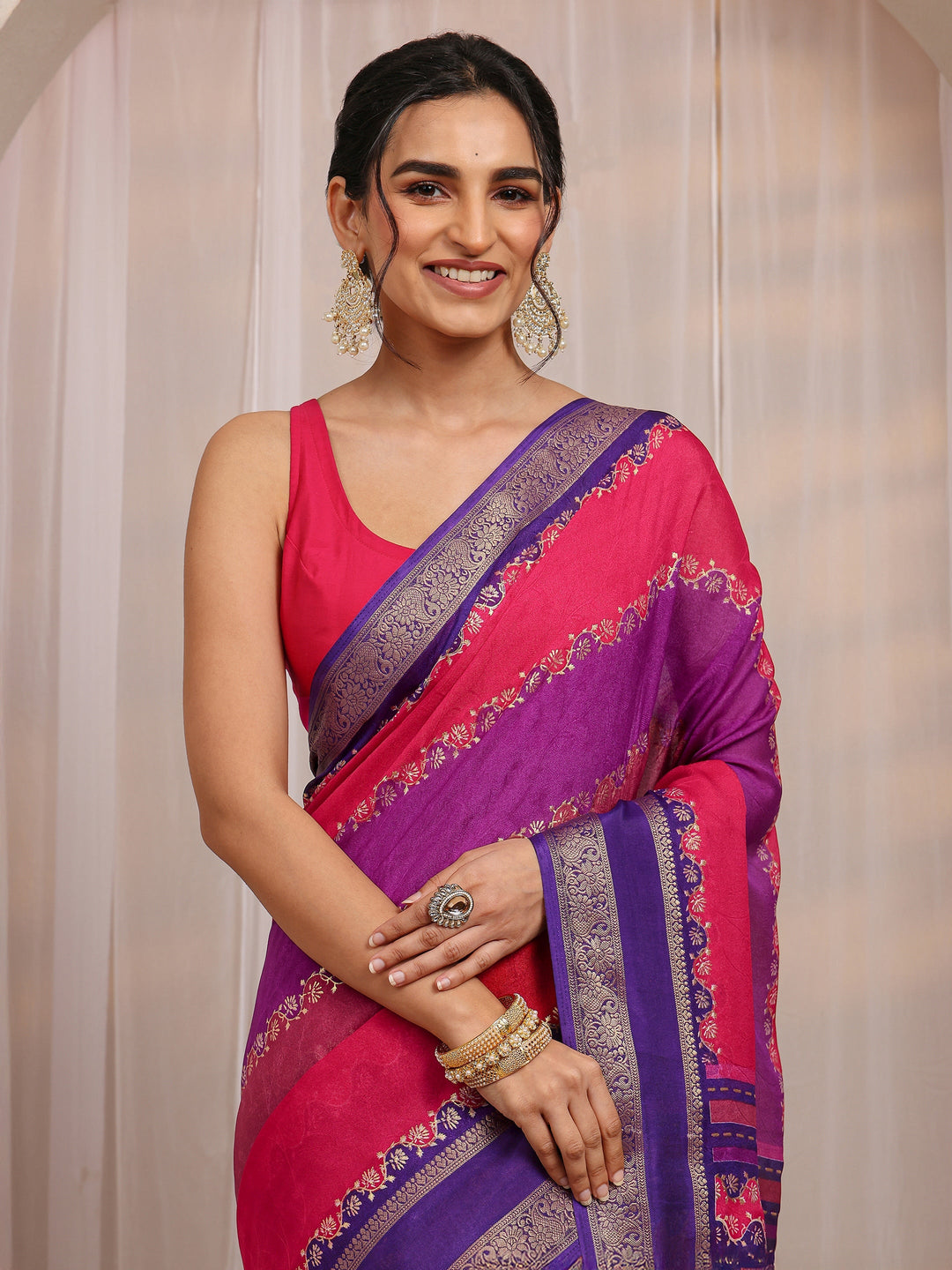  Multi Color Block Silk Blend Saree With Unstitched Blouse Piece 