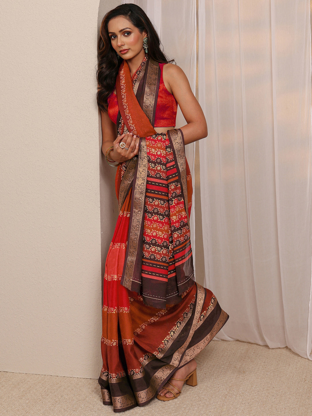  Multi Color Block Silk Blend Saree 
With Unstitched Blouse Piece 