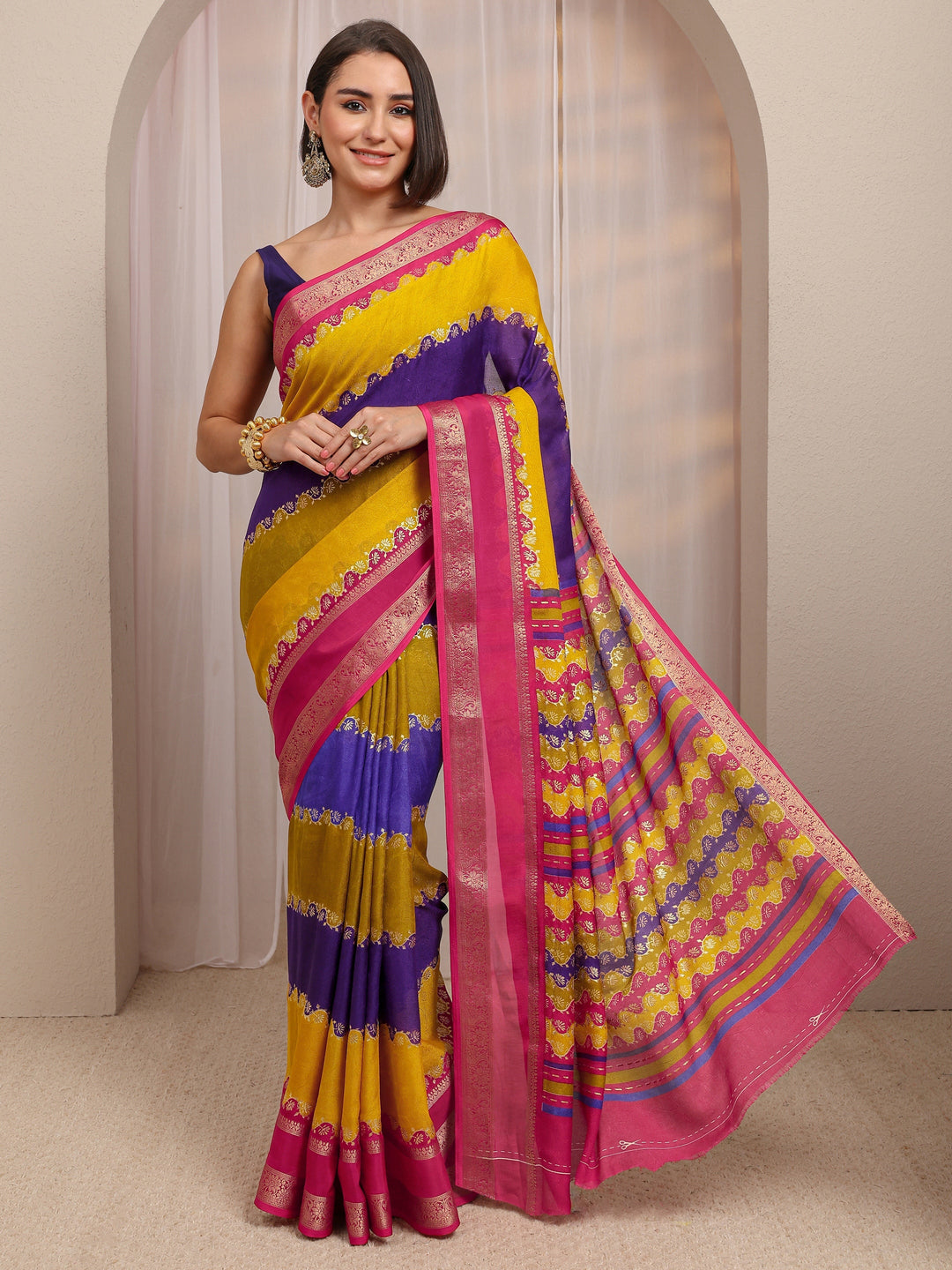  Multi Color Block Silk Blend Saree 
With Unstitched Blouse Piece 