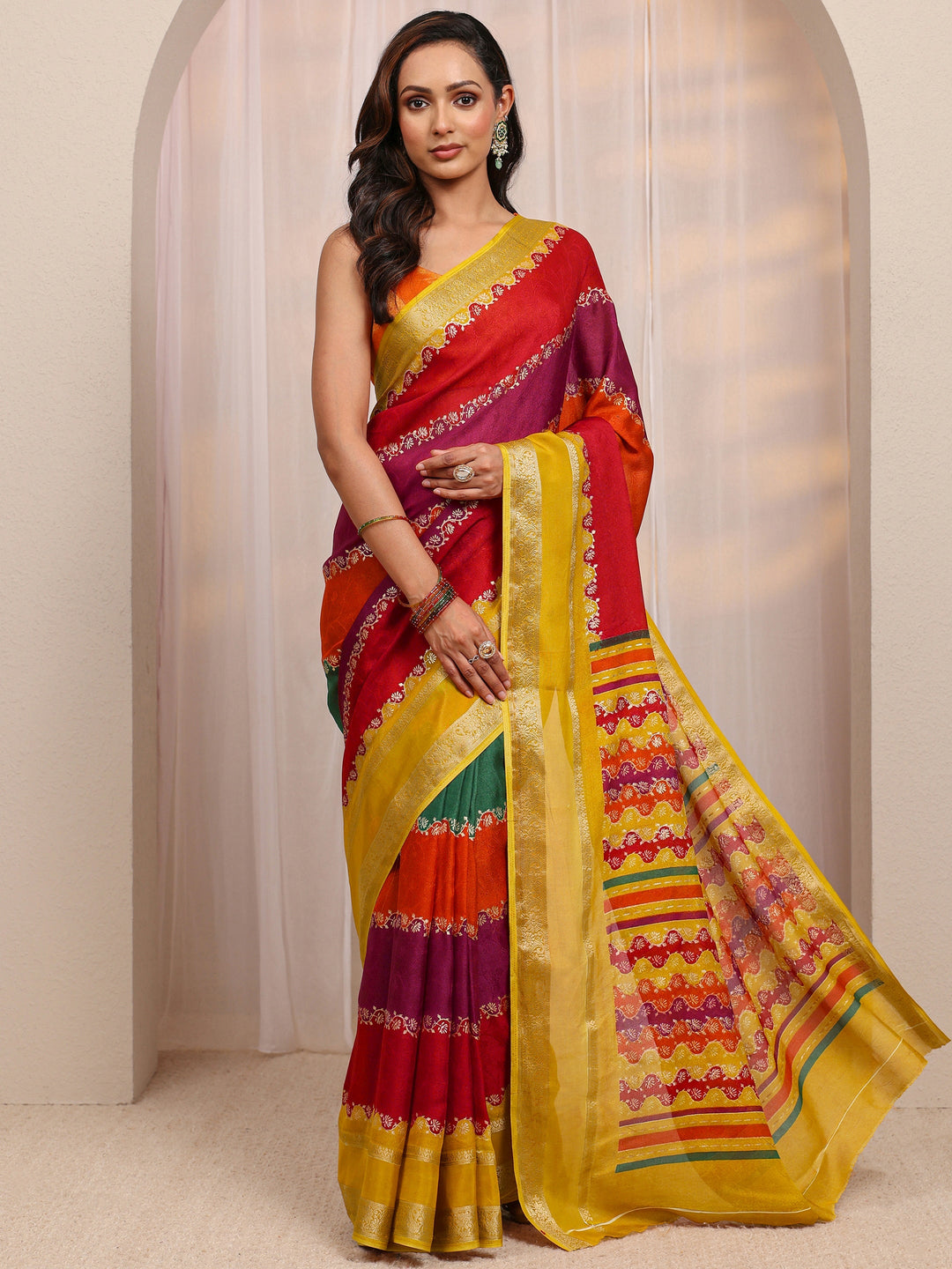 Multi Color Block Silk Blend Saree 
With Unstitched Blouse Piece