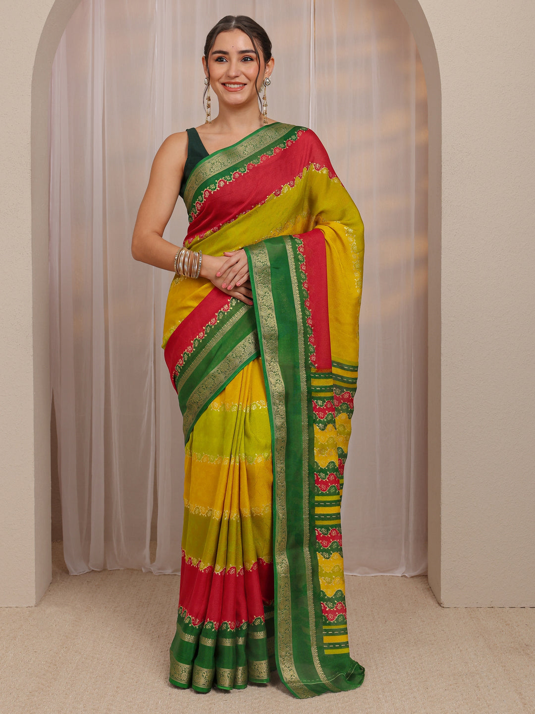  Multi Color Block Silk Blend Saree 
With Unstitched Blouse Piece 