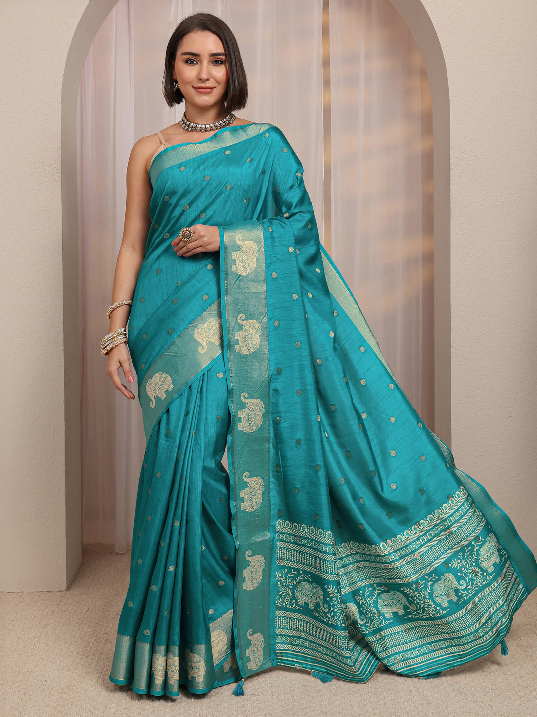 Blue Woven Design Silk Blend Saree 
With Unstitched Blouse Piece 