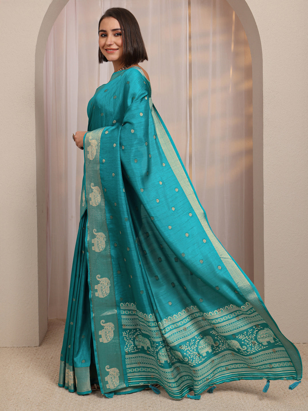  Blue Woven Design Silk Blend Saree 
With Unstitched Blouse Piece 