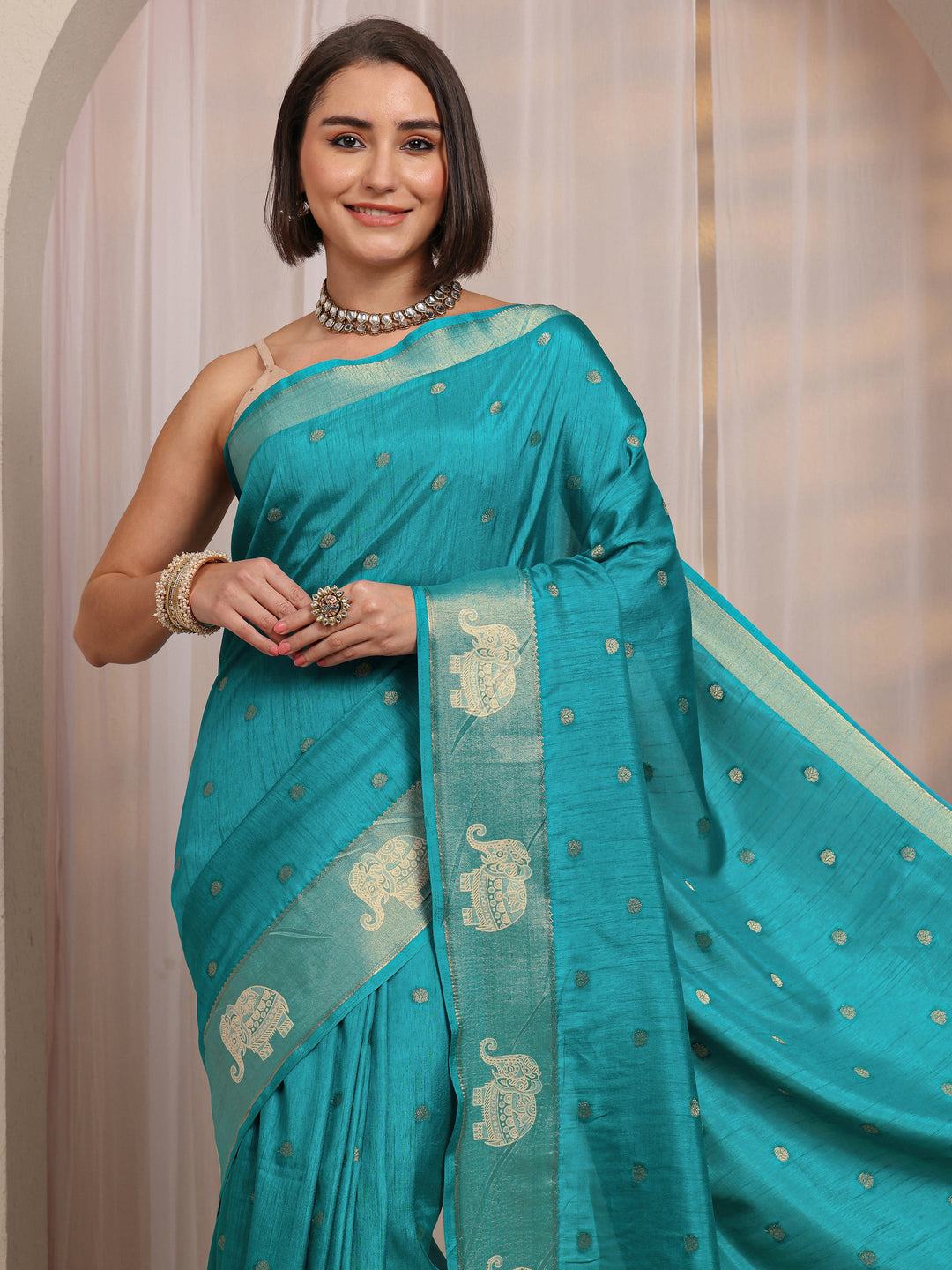  Blue Woven Design Silk Blend Saree 
With Unstitched Blouse Piece 