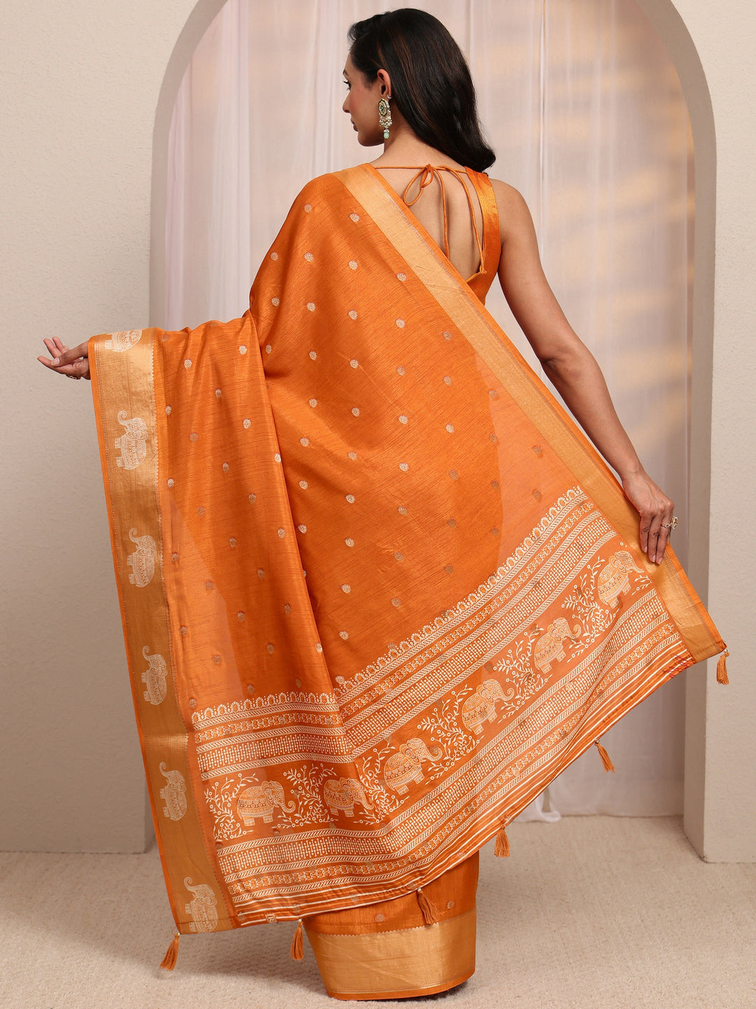  Orange Ethnic Motif Woven Design Silk Blend Saree 
With Unstitched Blouse Piece 