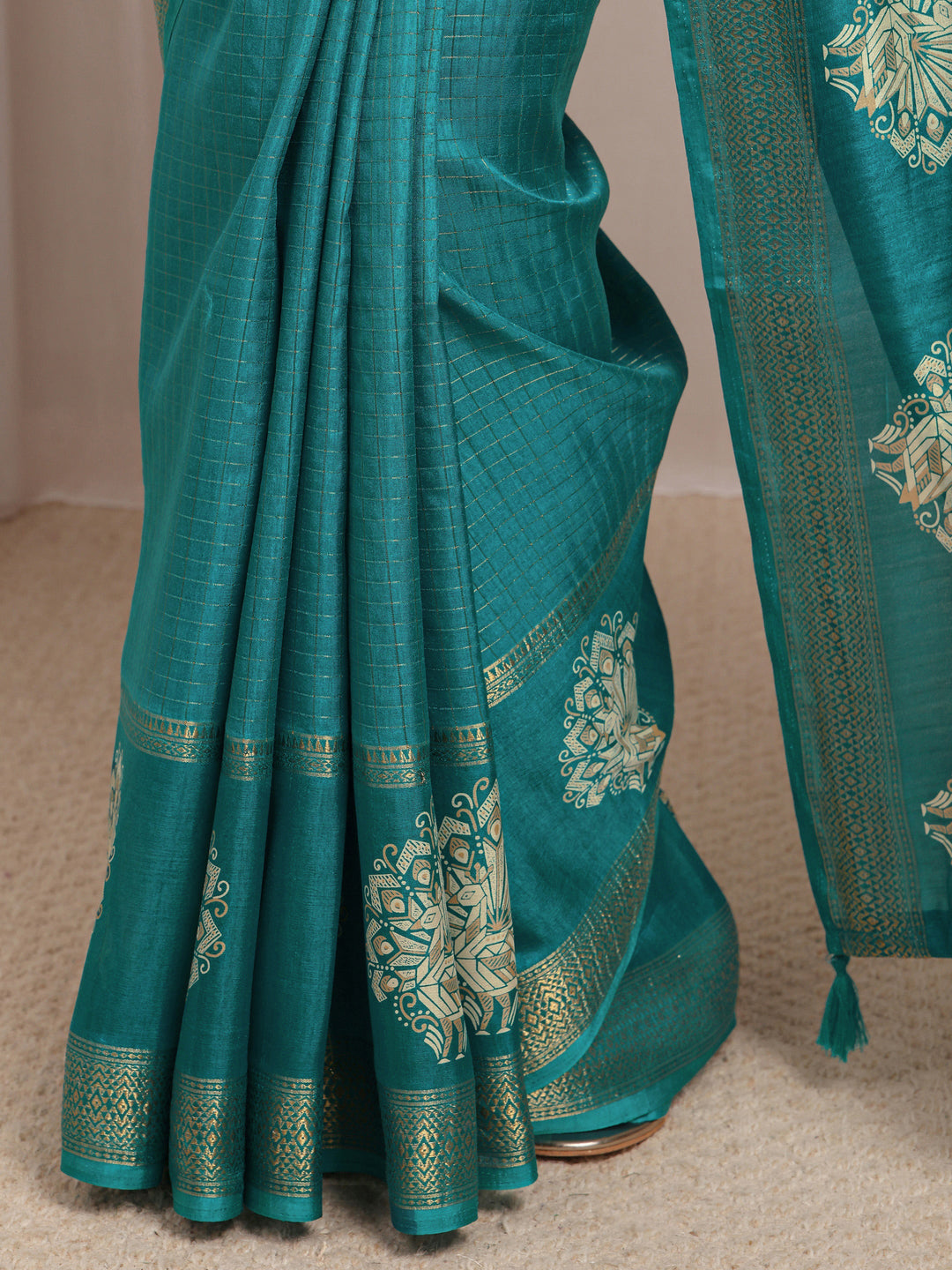  Green Checked Printed Pallu  Silk Blend Saree With Unstitched Blouse Piece 