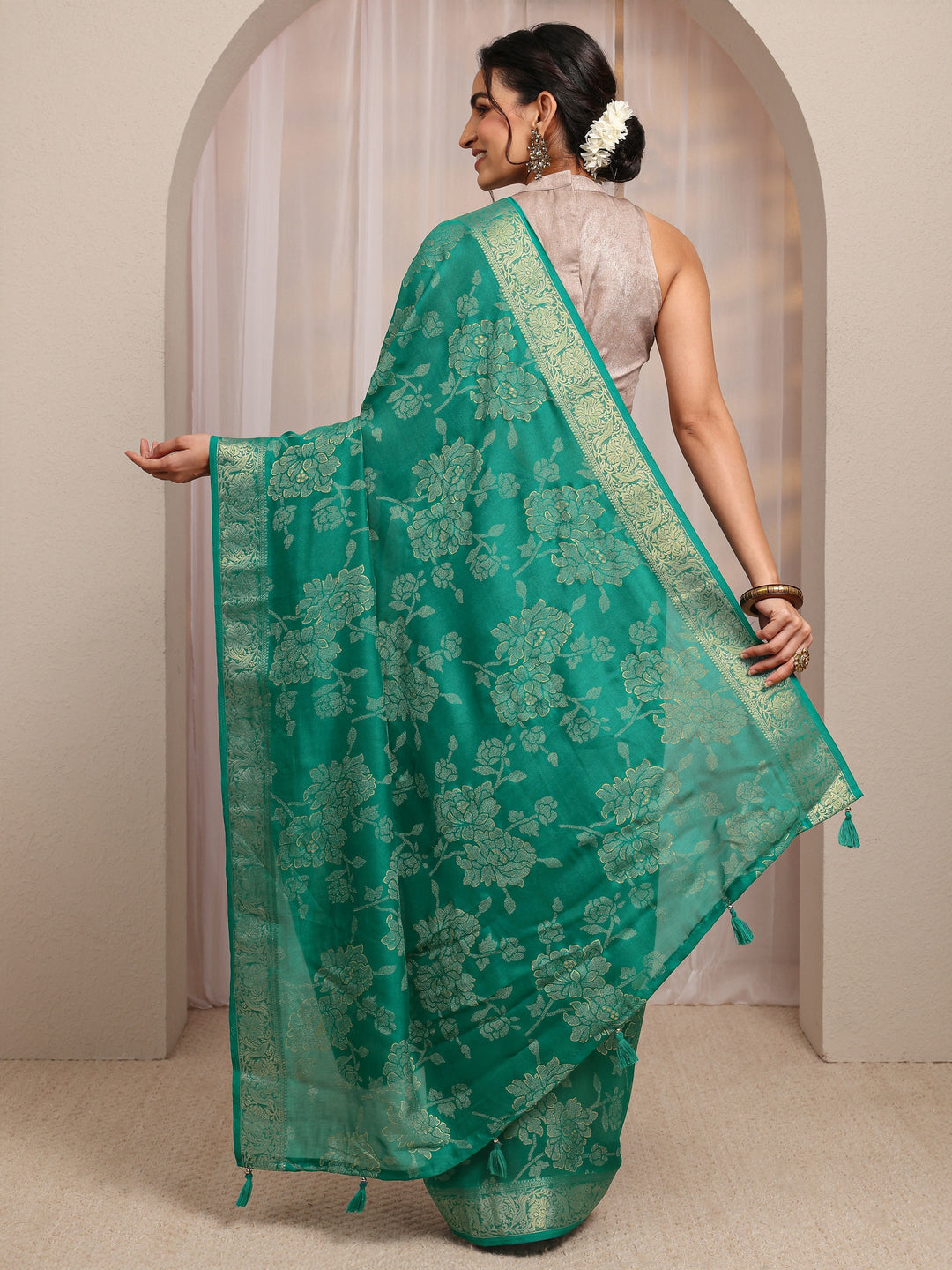  Green Floral Woven Design Silk Blend Saree With Unstitched Blouse Piece 